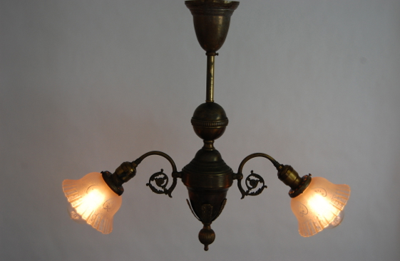 Early Electric Brass Two Light Chandelier w/ Original Finish