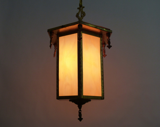 1920’s Caramal Slag Glass & Brass Lantern Pendant Light