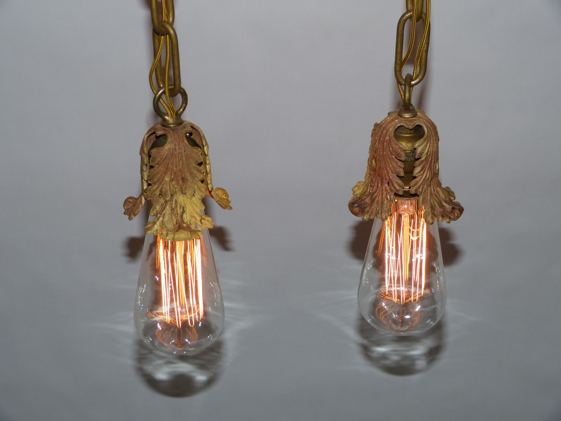Antique Pair of Brass Acanthus Leaf Pendant Lights