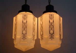 Exceptional Pair of Art Deco Pendant Lights w/ Large Patterned Skyscraper Shades