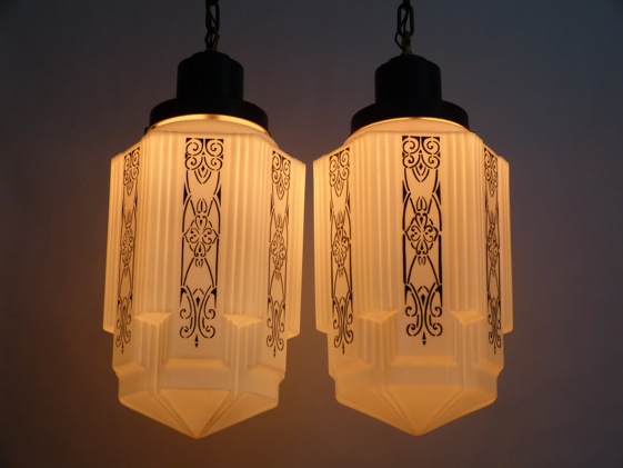 Exceptional Pair of Art Deco Pendant Lights w/ Large Patterned Skyscraper Shades