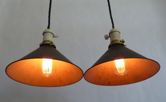 Pair of Industrial Pendant Lights w/ Porcelain Sockets & Green Cone Reflectors